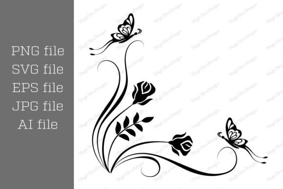 Floral Corner Ornament Roses Butterflies Graphics