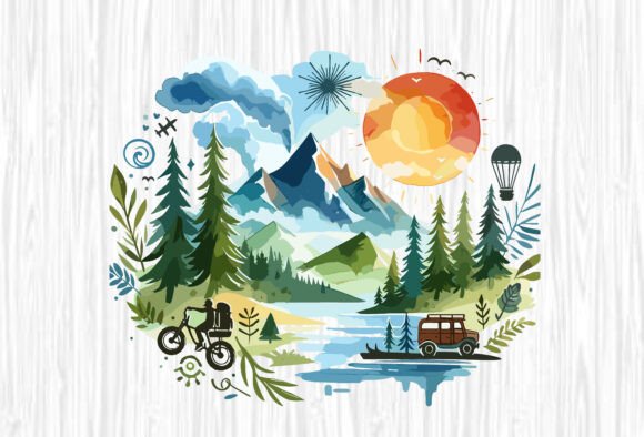 Hand-Painted Hiking Landscape Design: Graphics for Crafts & Content