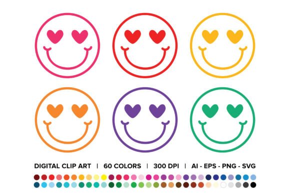 Happy Face with Heart Eyes Clip Art Set: Icons & Graphics