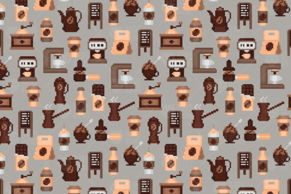 Pixel Coffee Seamless Pattern: Graphics & Patterns